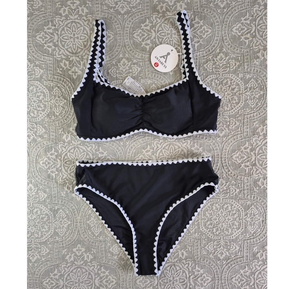 Anrabess Womens High Waisted Bikini Set Black White Ric Rac Trim Size M New